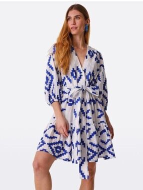 Greek Archaic Kori Zig Zag Cotton Mini Dress Resort Wear Size S